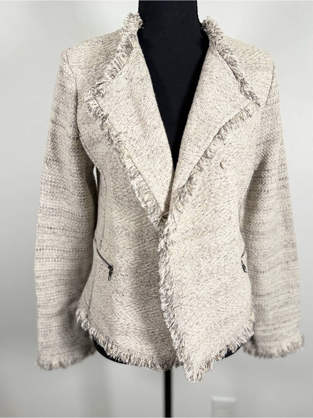 NIC+ZOE Cream Gray Tweed Knit Fringe Jacket Zip Pockets Blazer M